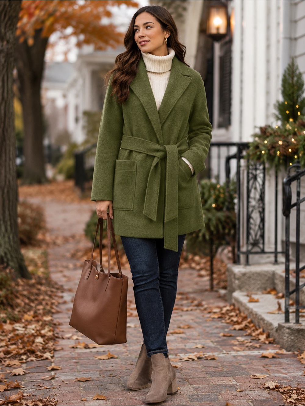 J.Crew Wool Coat XS Olive Green Belted Wrap Jacket Fall Winter Quiet Luxury